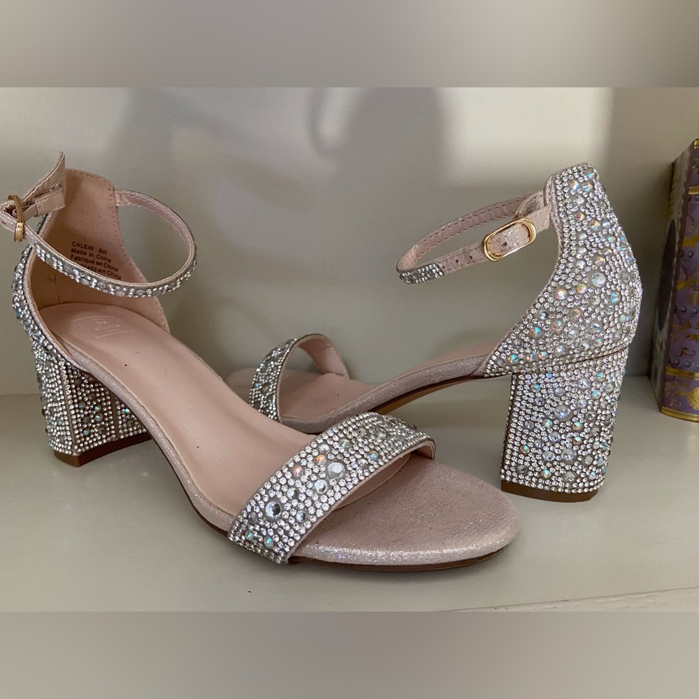 Champagne Rhinestone Block Heel Dress Shoes